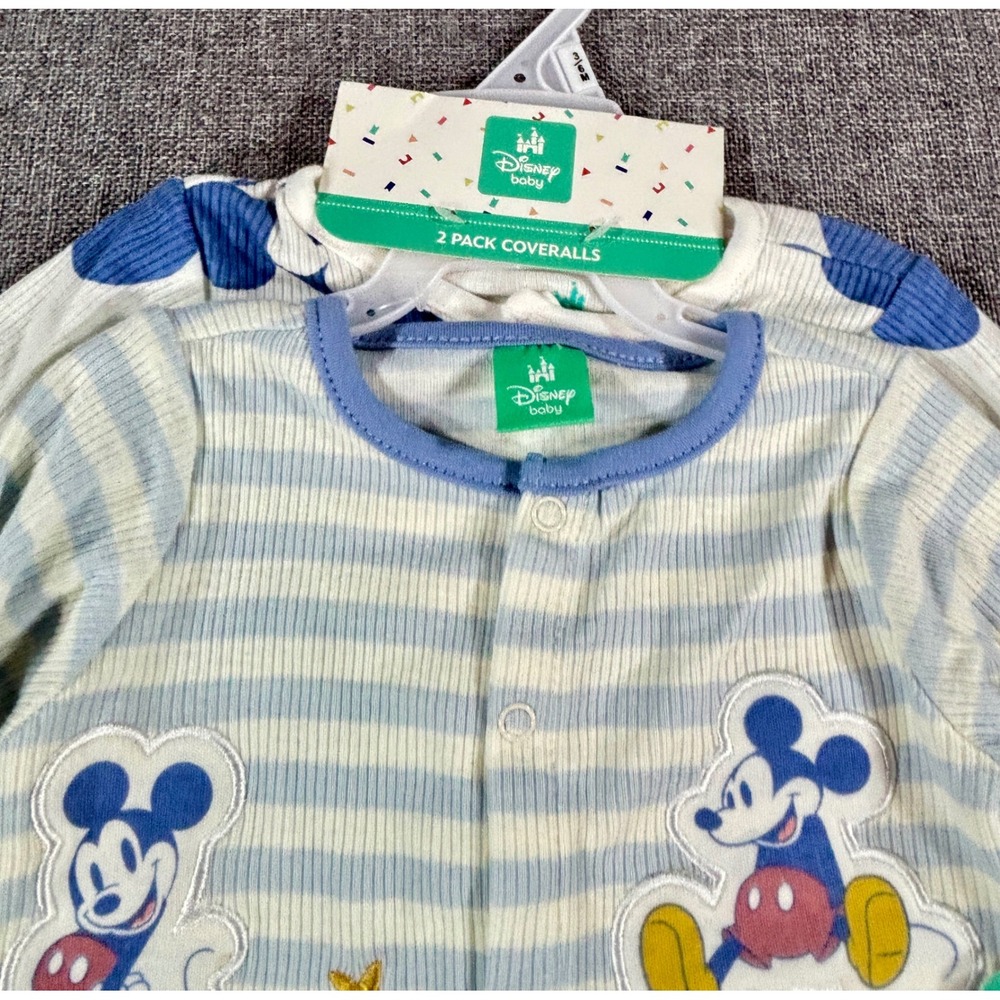 Disney Baby Boys Mickey Mouse Footed Sleeper 2 Pack 3-6M Blue White Ribbed Knit - Picture 3 of 8
